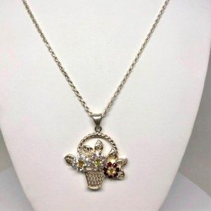 Sterling Basket of Gemstone Flowers Necklace
